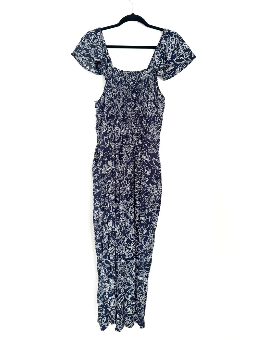 LOFT Navy Blue & White Floral Romper Jumpsuit Womens Large Off-Shoulder